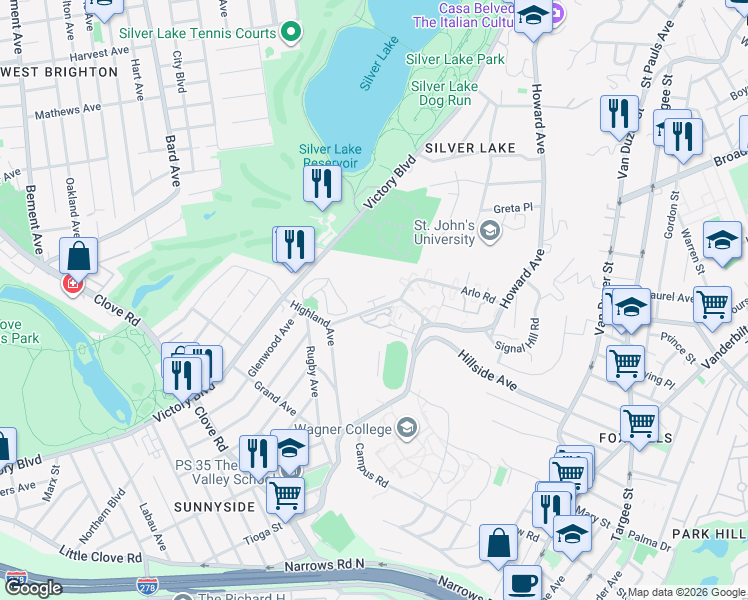 map of restaurants, bars, coffee shops, grocery stores, and more near 155 Arlo Road in Staten Island