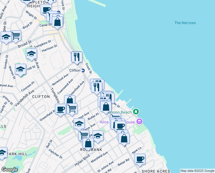 map of restaurants, bars, coffee shops, grocery stores, and more near 1 Edgewater Street in Staten Island