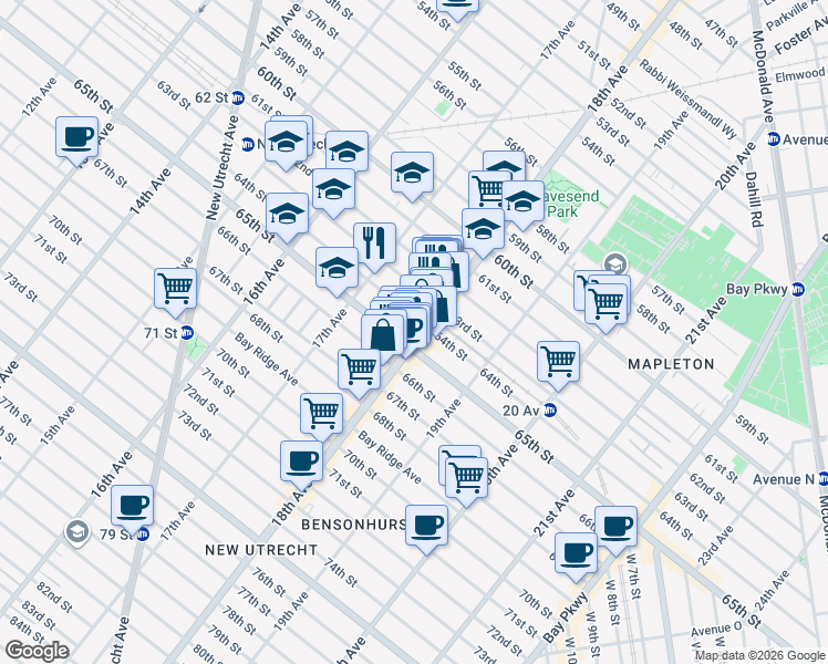 map of restaurants, bars, coffee shops, grocery stores, and more near 1762 64th Street in Brooklyn