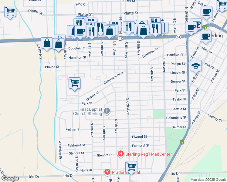 map of restaurants, bars, coffee shops, grocery stores, and more near 703 Denver Street in Sterling