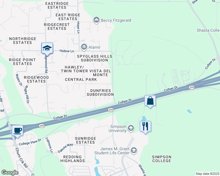 map of restaurants, bars, coffee shops, grocery stores, and more near 19493 Posey Lane in Redding