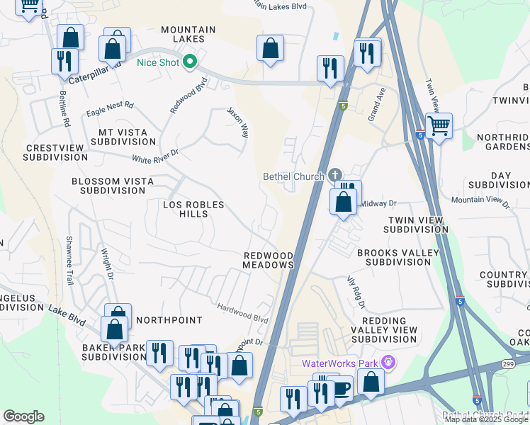 map of restaurants, bars, coffee shops, grocery stores, and more near 751 Redwood Boulevard in Redding