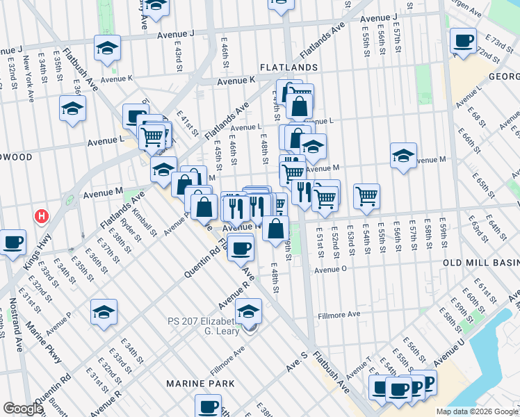 map of restaurants, bars, coffee shops, grocery stores, and more near 1662 East 48th Street in Brooklyn