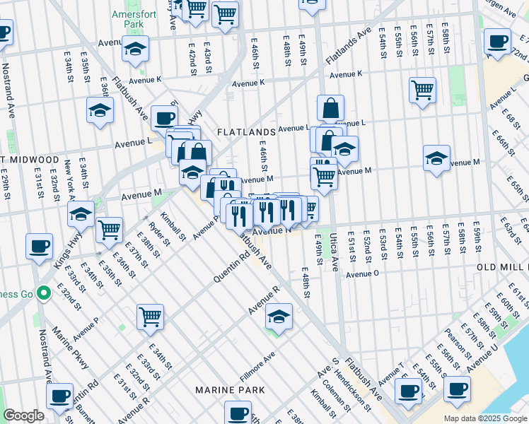 map of restaurants, bars, coffee shops, grocery stores, and more near 1659 East 46th Street in Brooklyn