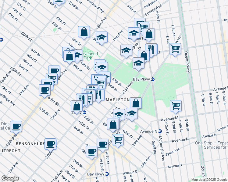 map of restaurants, bars, coffee shops, grocery stores, and more near 2054 57th Street in Brooklyn