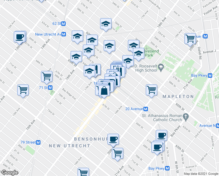map of restaurants, bars, coffee shops, grocery stores, and more near 1762 64th Street in Brooklyn