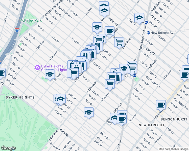 map of restaurants, bars, coffee shops, grocery stores, and more near 1354 74th Street in Brooklyn