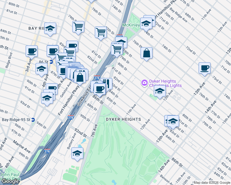 map of restaurants, bars, coffee shops, grocery stores, and more near 8220 10th Avenue in Brooklyn