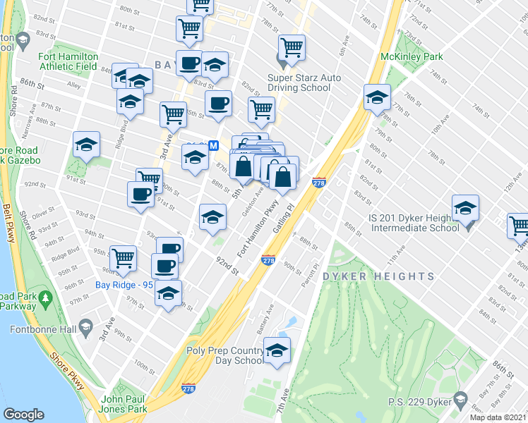 map of restaurants, bars, coffee shops, grocery stores, and more near 8622 Fort Hamilton Parkway in Brooklyn