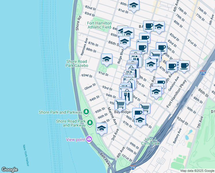 map of restaurants, bars, coffee shops, grocery stores, and more near 9115 Ridge Boulevard in Brooklyn