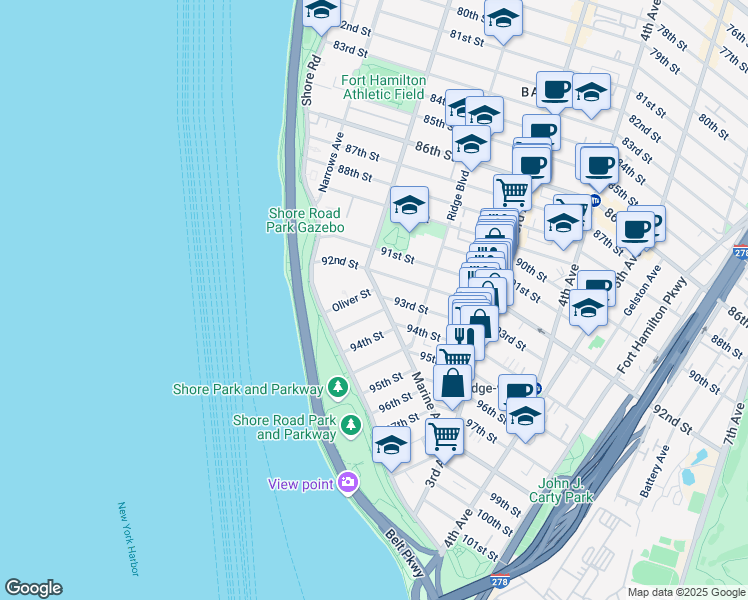 map of restaurants, bars, coffee shops, grocery stores, and more near 61 Oliver Street in Brooklyn