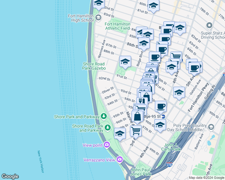 map of restaurants, bars, coffee shops, grocery stores, and more near 61 Oliver Street in Brooklyn