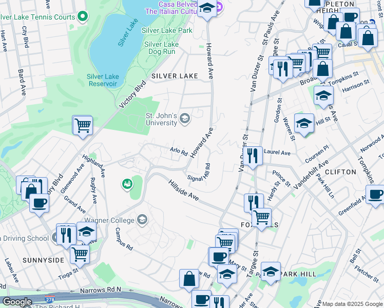 map of restaurants, bars, coffee shops, grocery stores, and more near 401 Howard Avenue in Staten Island