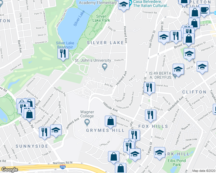 map of restaurants, bars, coffee shops, grocery stores, and more near 28 Arlo Road in Staten Island