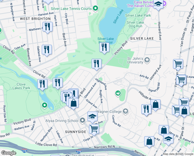 map of restaurants, bars, coffee shops, grocery stores, and more near 982 Victory Boulevard in Staten Island