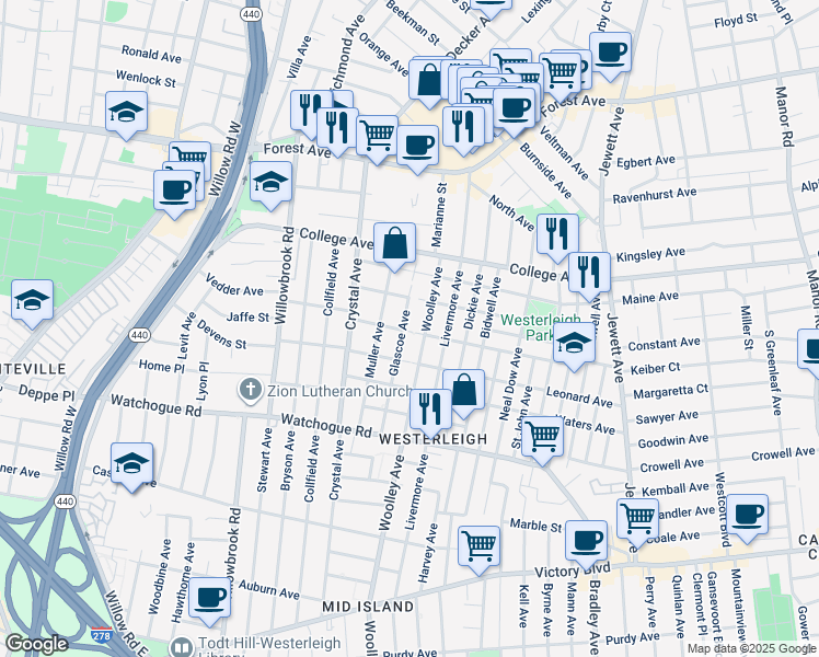 map of restaurants, bars, coffee shops, grocery stores, and more near 170 Woolley Avenue in Staten Island