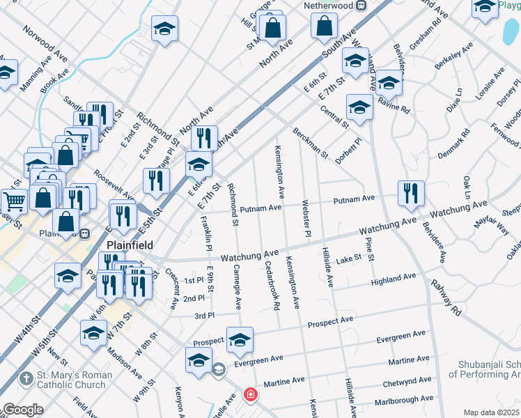 map of restaurants, bars, coffee shops, grocery stores, and more near 1113-15 Putnam Avenue in Plainfield
