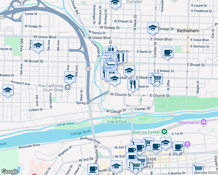map of restaurants, bars, coffee shops, grocery stores, and more near 437 Main Street in Bethlehem