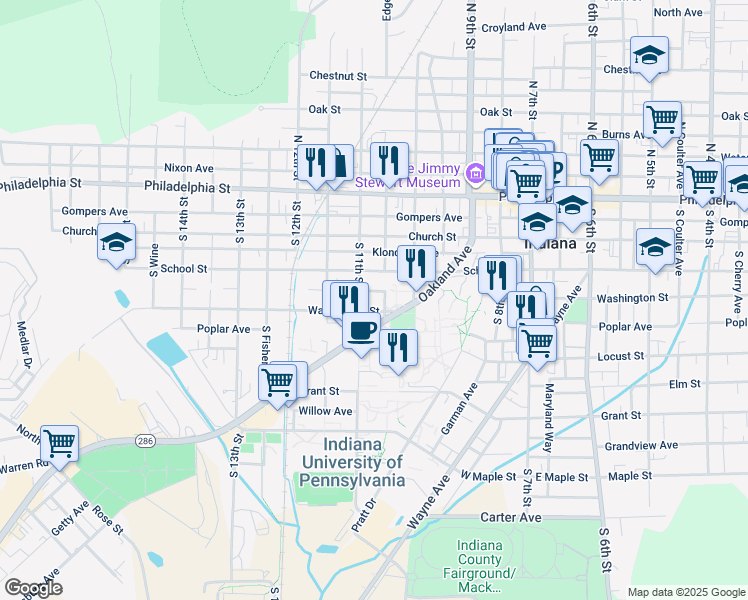 map of restaurants, bars, coffee shops, grocery stores, and more near 1038 School Street in Indiana