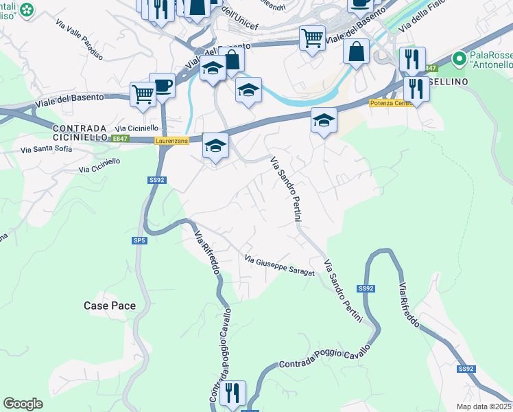 map of restaurants, bars, coffee shops, grocery stores, and more near 15 Via Giovanni Gronchi in Potenza