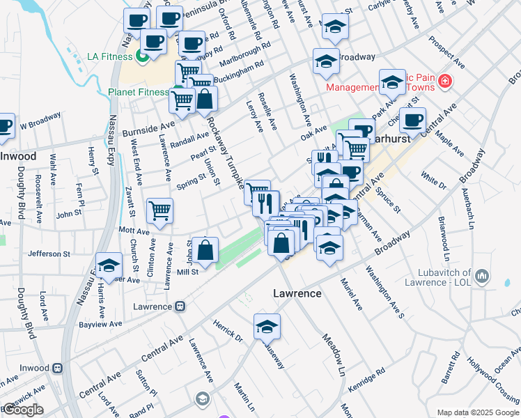 map of restaurants, bars, coffee shops, grocery stores, and more near 227A Rockaway Turnpike in Lawrence