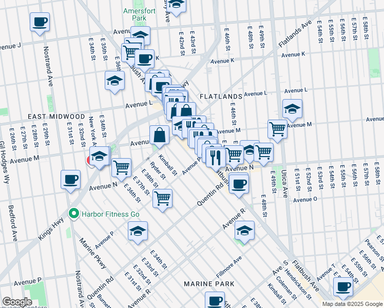 map of restaurants, bars, coffee shops, grocery stores, and more near 1565 Hendrickson Street in Brooklyn