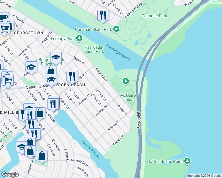 map of restaurants, bars, coffee shops, grocery stores, and more near 2242 Bergen Avenue in Brooklyn