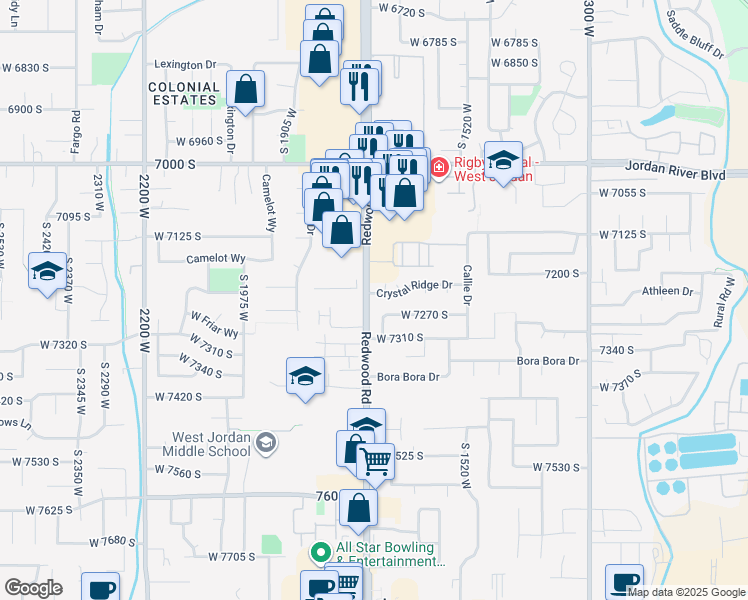 map of restaurants, bars, coffee shops, grocery stores, and more near 1689 Crystal Ridge Drive in West Jordan