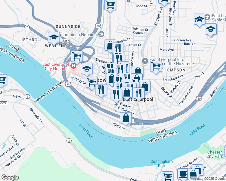 map of restaurants, bars, coffee shops, grocery stores, and more near 139 West 5th Street in East Liverpool