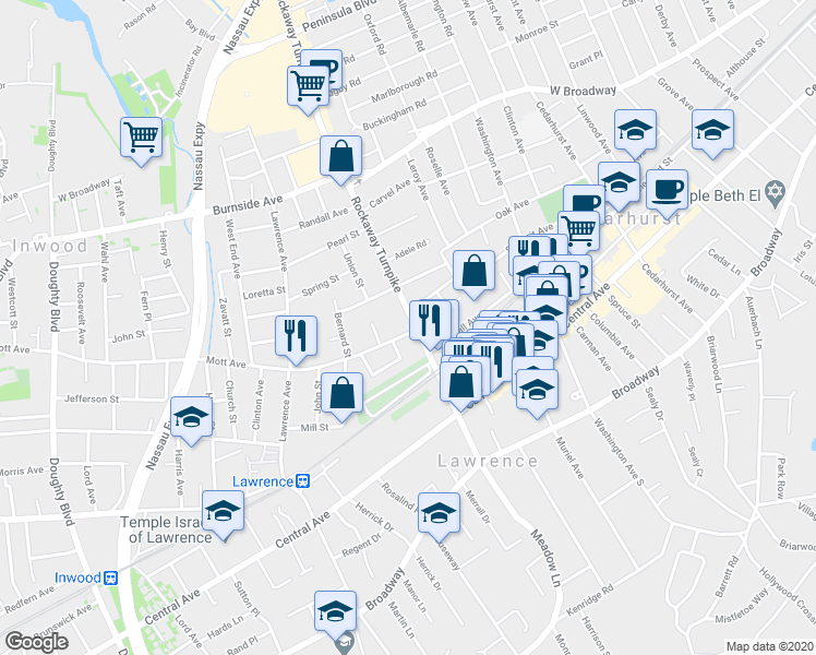 map of restaurants, bars, coffee shops, grocery stores, and more near 227A Rockaway Turnpike in Lawrence