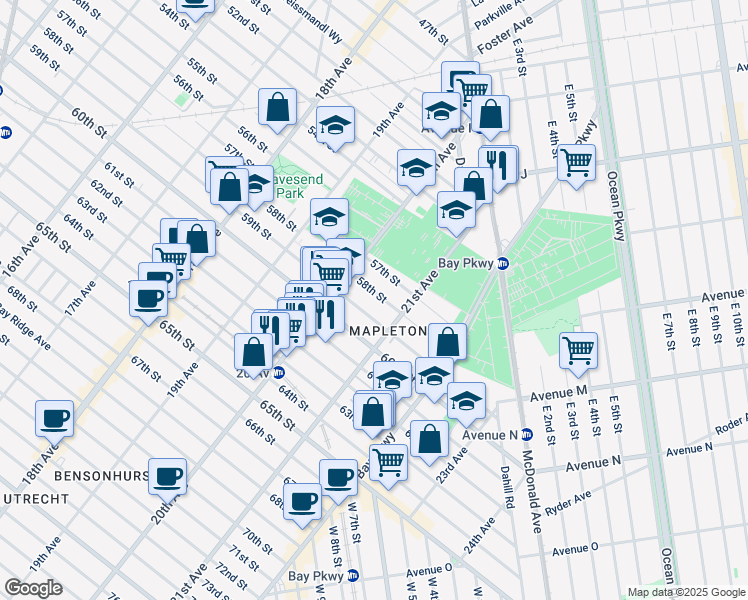 map of restaurants, bars, coffee shops, grocery stores, and more near 2054 57th Street in Brooklyn