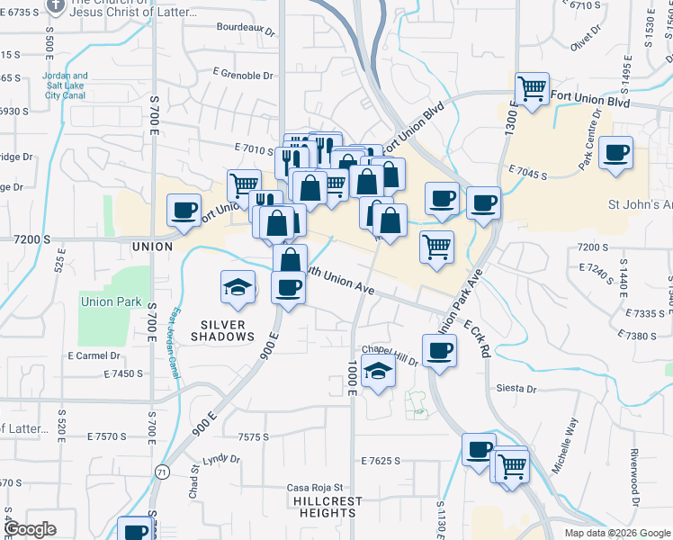 map of restaurants, bars, coffee shops, grocery stores, and more near 967 South Union Avenue in Midvale