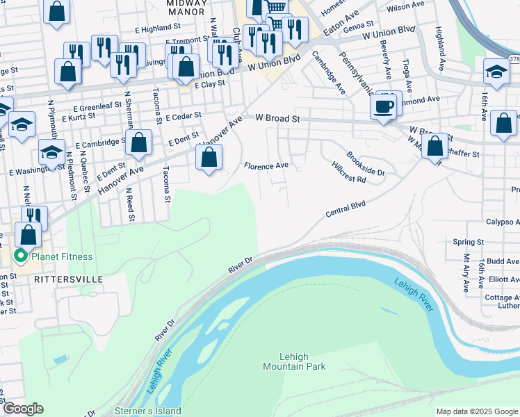map of restaurants, bars, coffee shops, grocery stores, and more near 238 Central Park Avenue in Bethlehem