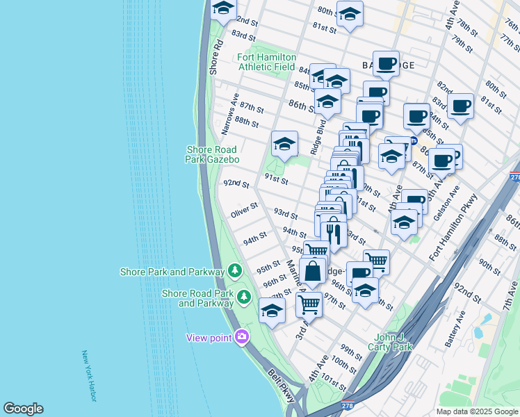 map of restaurants, bars, coffee shops, grocery stores, and more near 28 Marine Avenue in Brooklyn