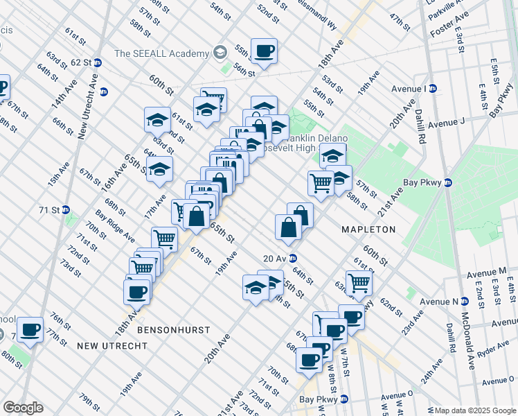 map of restaurants, bars, coffee shops, grocery stores, and more near 1870 62nd Street in Brooklyn