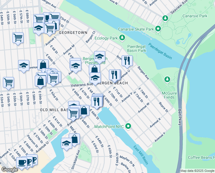 map of restaurants, bars, coffee shops, grocery stores, and more near 7007 Avenue U in Brooklyn