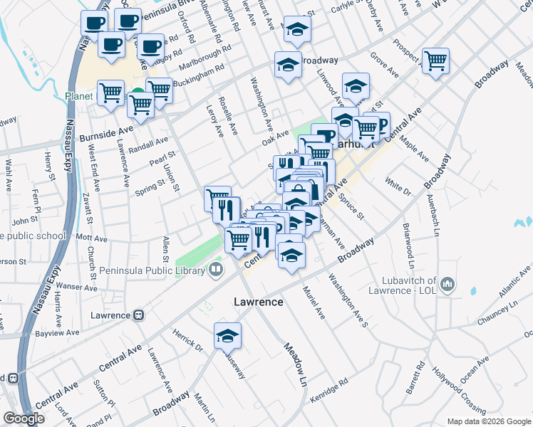 map of restaurants, bars, coffee shops, grocery stores, and more near 395 Pearsall Avenue in Cedarhurst
