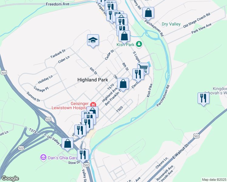 map of restaurants, bars, coffee shops, grocery stores, and more near Highland Avenue in Highland Park