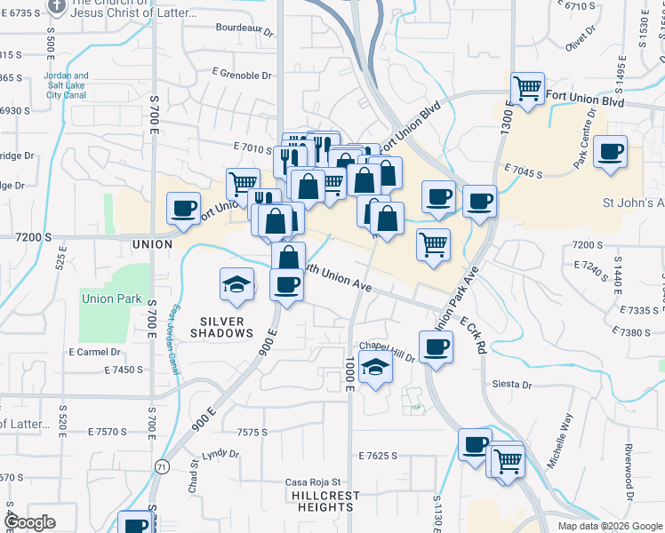 map of restaurants, bars, coffee shops, grocery stores, and more near 947 South Union Avenue in Midvale