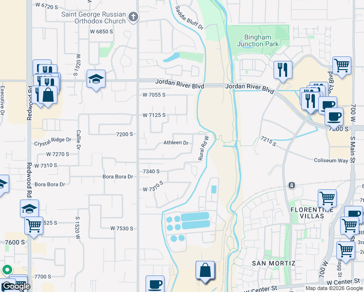 map of restaurants, bars, coffee shops, grocery stores, and more near 1158 West 7230 South in West Jordan