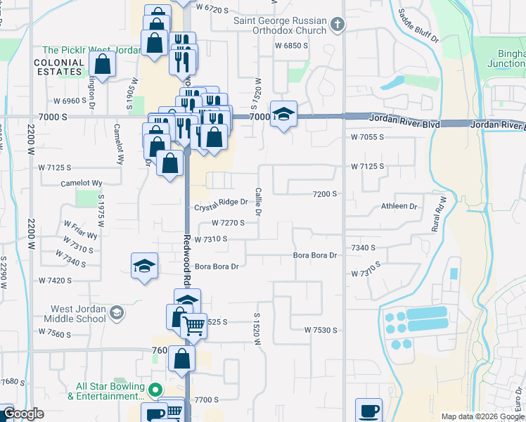 map of restaurants, bars, coffee shops, grocery stores, and more near 7241 Callie Drive in West Jordan