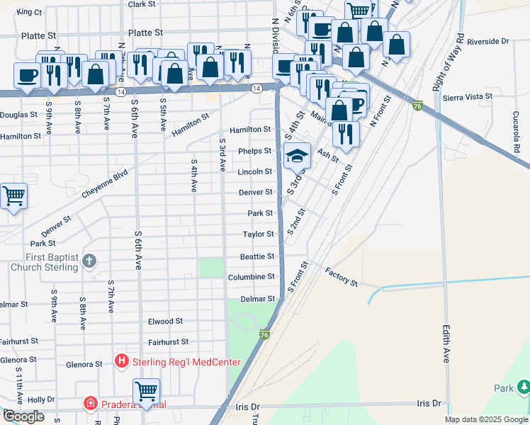 map of restaurants, bars, coffee shops, grocery stores, and more near 114 Park Street in Sterling
