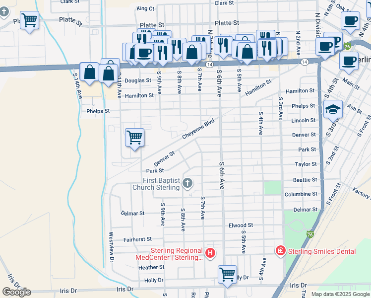 map of restaurants, bars, coffee shops, grocery stores, and more near 703 Denver Street in Sterling