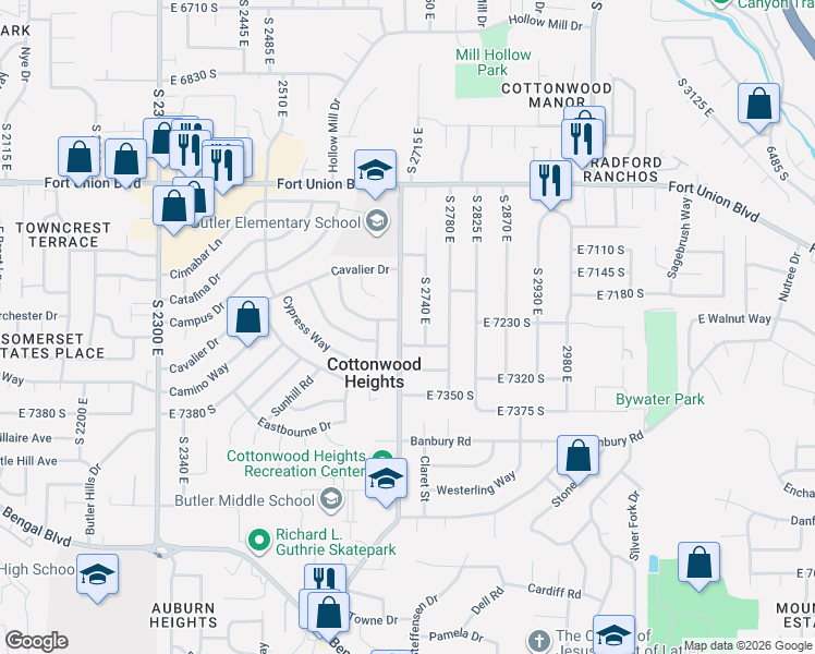 map of restaurants, bars, coffee shops, grocery stores, and more near 7222 South 2740 East in Cottonwood Heights