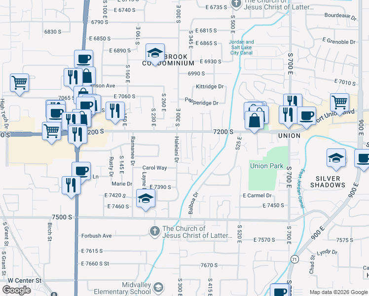map of restaurants, bars, coffee shops, grocery stores, and more near 7245 South 300 East in Midvale