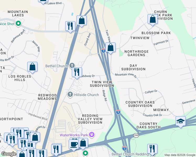 map of restaurants, bars, coffee shops, grocery stores, and more near 5519-5537 Midway Drive in Redding