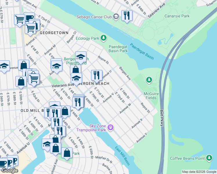 map of restaurants, bars, coffee shops, grocery stores, and more near 2143 East 73rd Street in Brooklyn