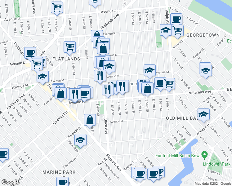 map of restaurants, bars, coffee shops, grocery stores, and more near 1660 East 51st Street in Brooklyn