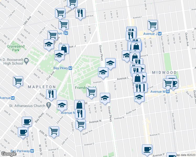 map of restaurants, bars, coffee shops, grocery stores, and more near 1272 East 5th Street in Brooklyn