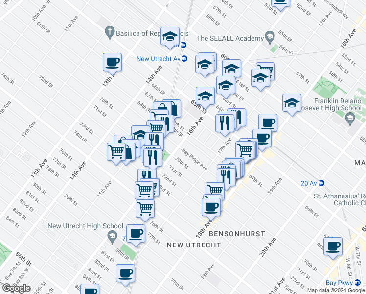 map of restaurants, bars, coffee shops, grocery stores, and more near 6805 16th Avenue in Brooklyn